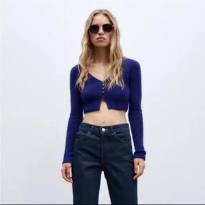 Zara Royal Blue Fuzzy Cropped Cardigan - Soft Knit V-Neck Sweater - Size S